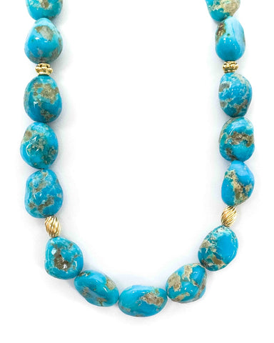 Small bright blue castle dome turquoise nuggets mixed with oval 24k vermeil beads to create a 16.5 inch necklace.