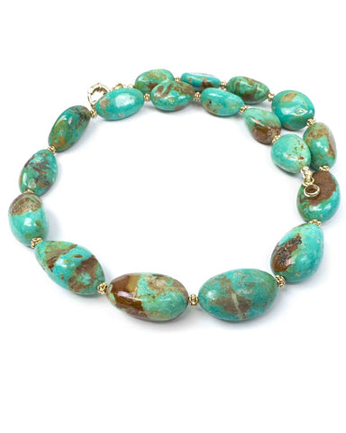Green-blue Kingman turquoise oblong nugget necklace with gold vermeil spacer beads in-between.