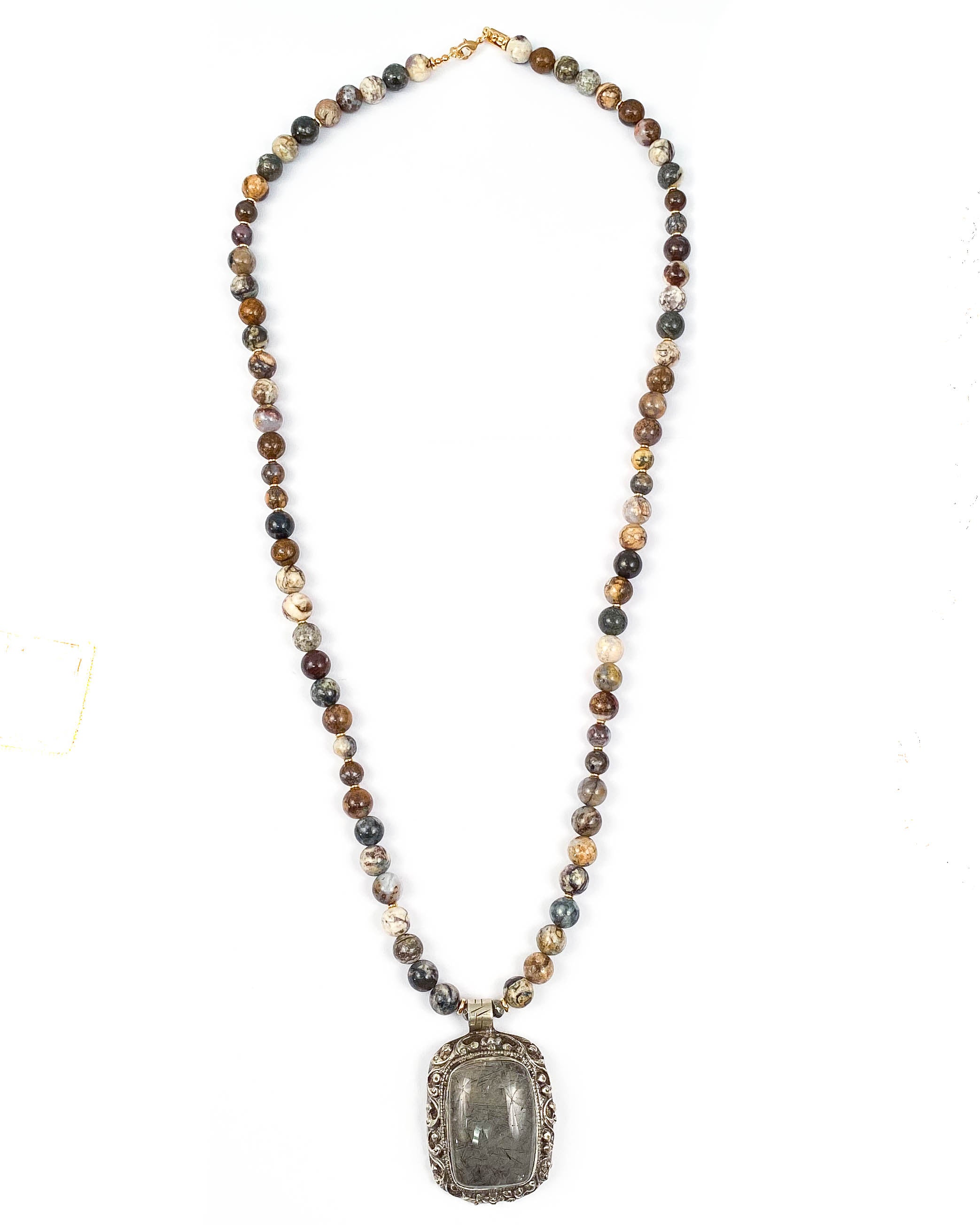 Nepali Rutilated Quartz Repousse Pendant on Pietersite Necklace