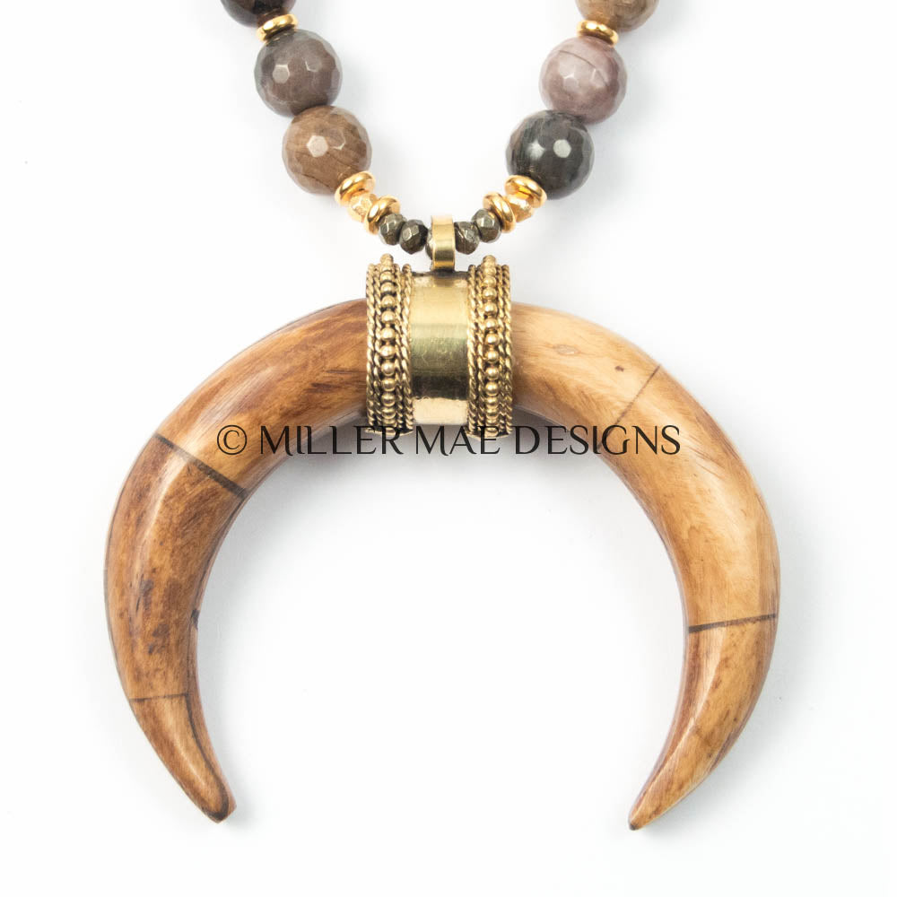 PETRIFIED WOOD CRESCENT HORN NECKLACE