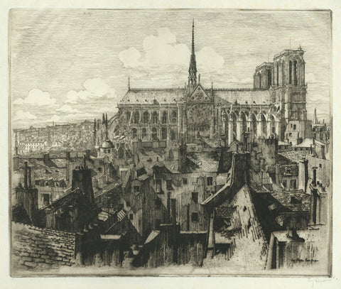 Eugene Bejot - Notre-Dame Paris etching - profil - spire - Fleche - eau-forte 1903