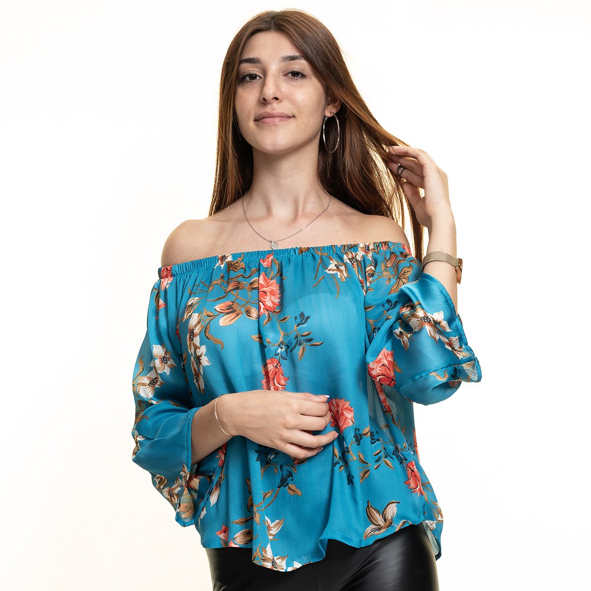 Turquoise Multi-Color Long Sleeve Off the Shoulder Blouse for Women ...