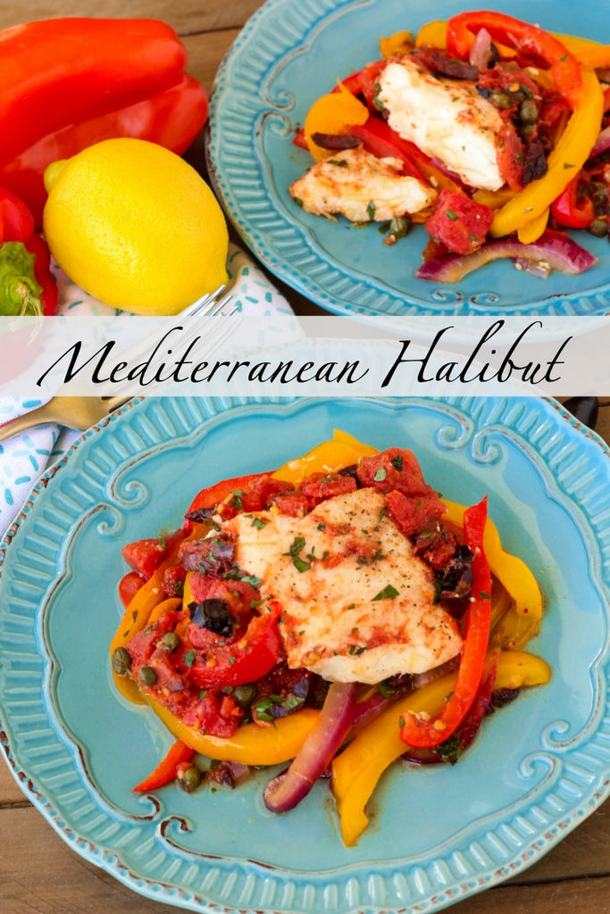 Mediterranean Halibut ~ Oven baked Mediterranean style halibut with fresh bell peppers, onions, capers, and kalamata olives. 