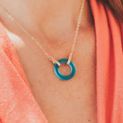 Woman wearing Open Circle and 14K Gold Fill Strap Style Necklace