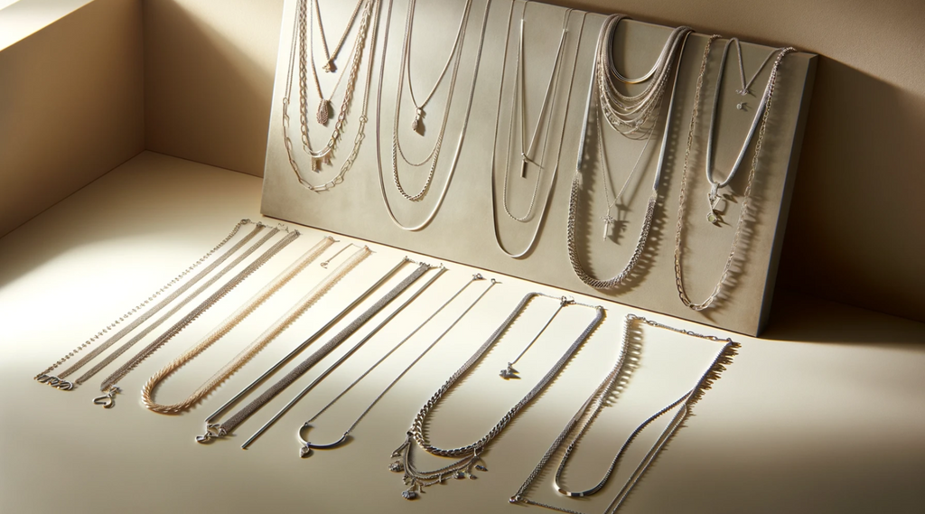 Different styles and lenghts of silver necklaces