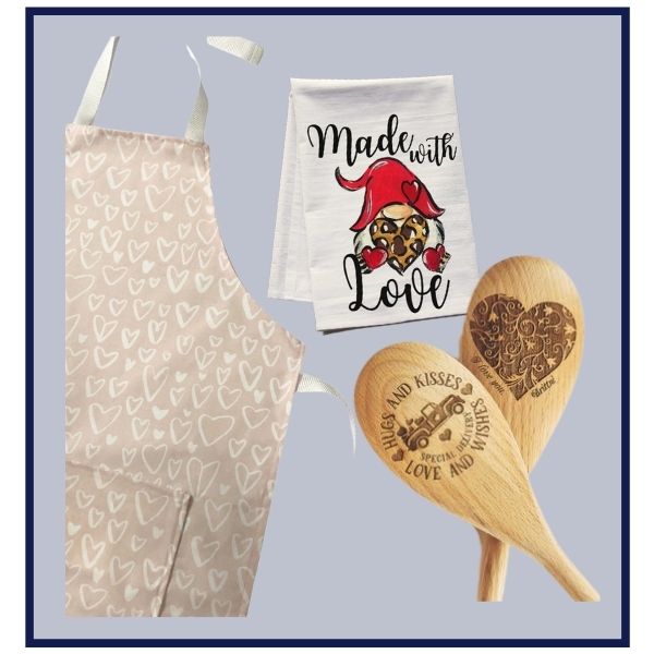 Valentine's Day premium tea towel, beautiful wooden spoon and adorable blush apron