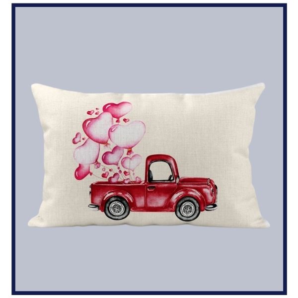 Vintage Red Truck Pillow with Hearts linen