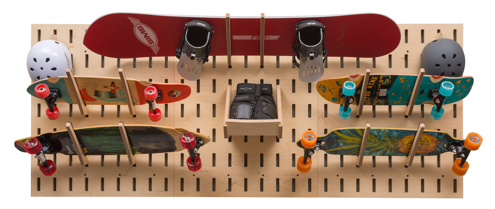 Surfboard-Skateboard-Snowboard rack for home organization or retail store fixture