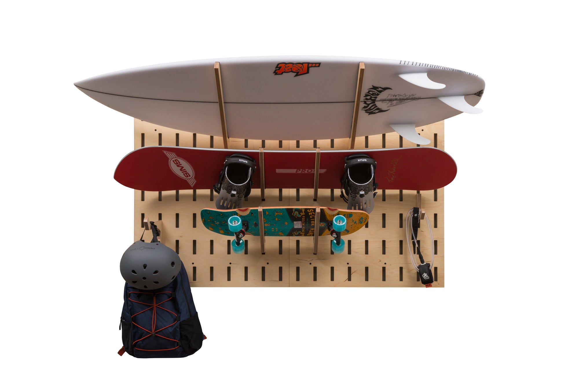 Surfboard-Skateboard-Snowboard rack for home organization or retail store fixture