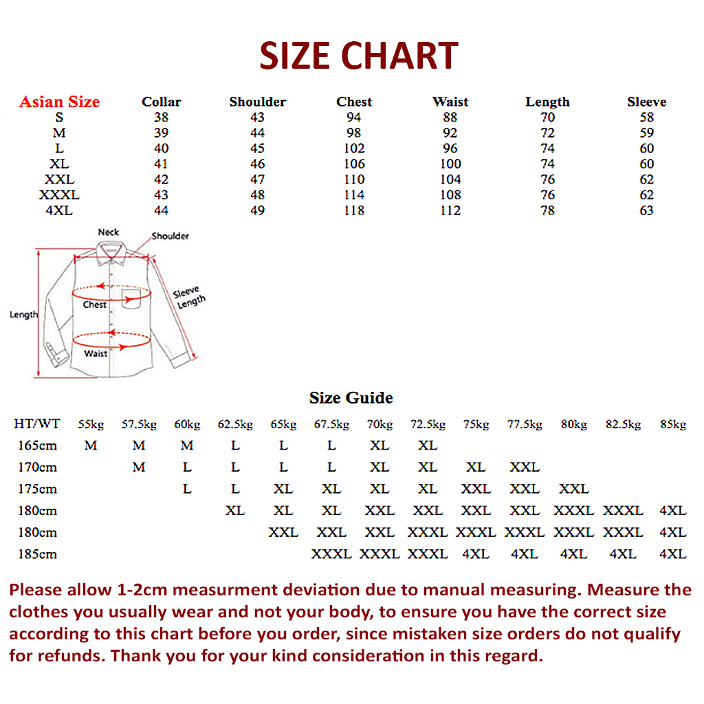 Mens Business Shirt Size Chart