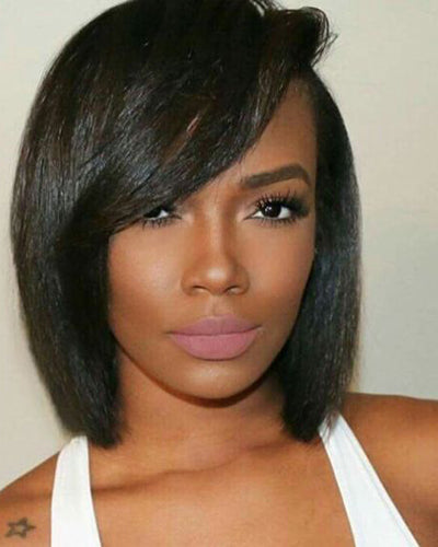 Bob Cut Human Hair Lace Wig With Side Bangs Uk Silky Straight
