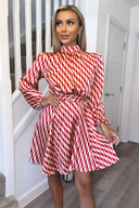 Red and Stone Printed Long Sleeve Skater Dress