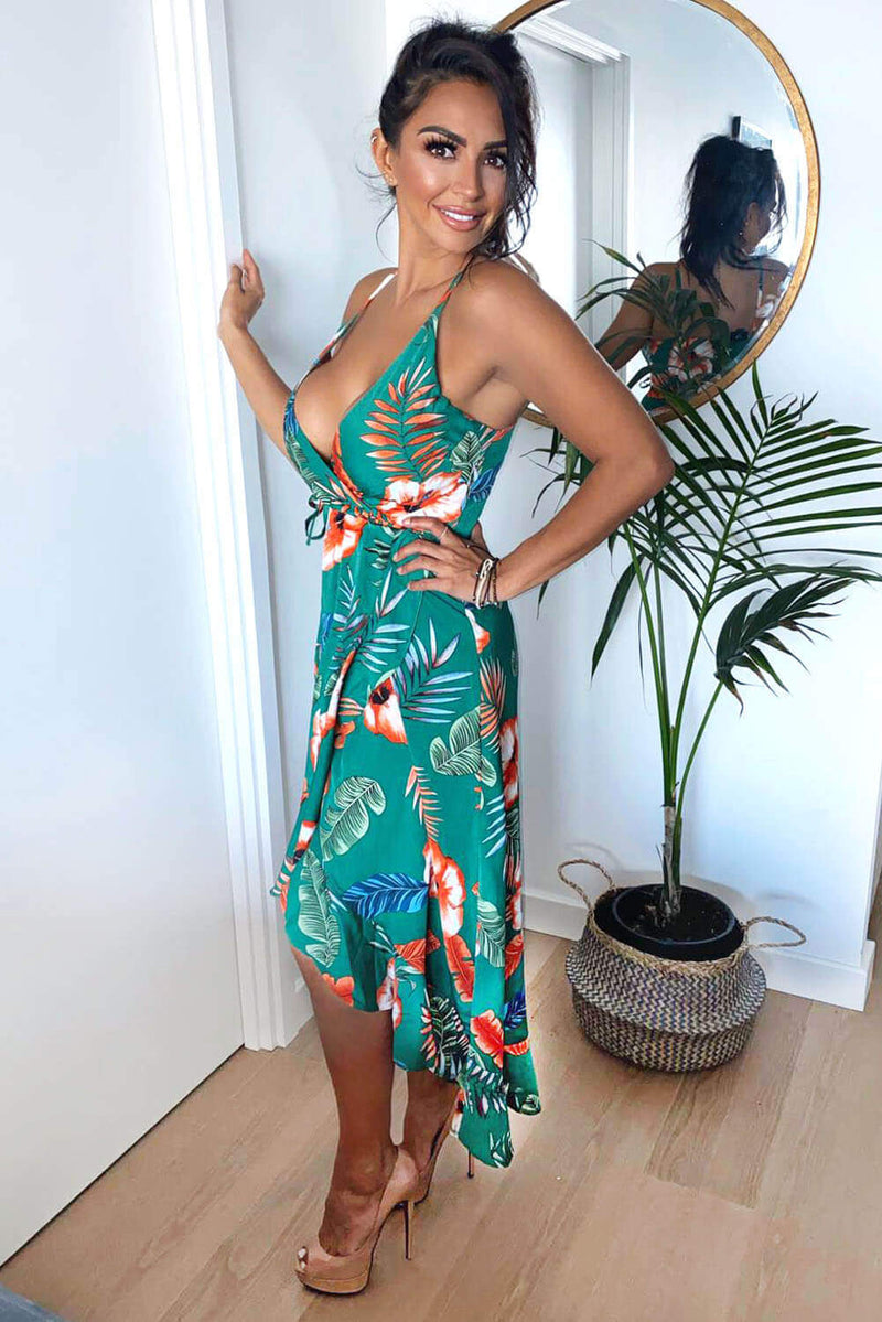 green floral wrap midi dress