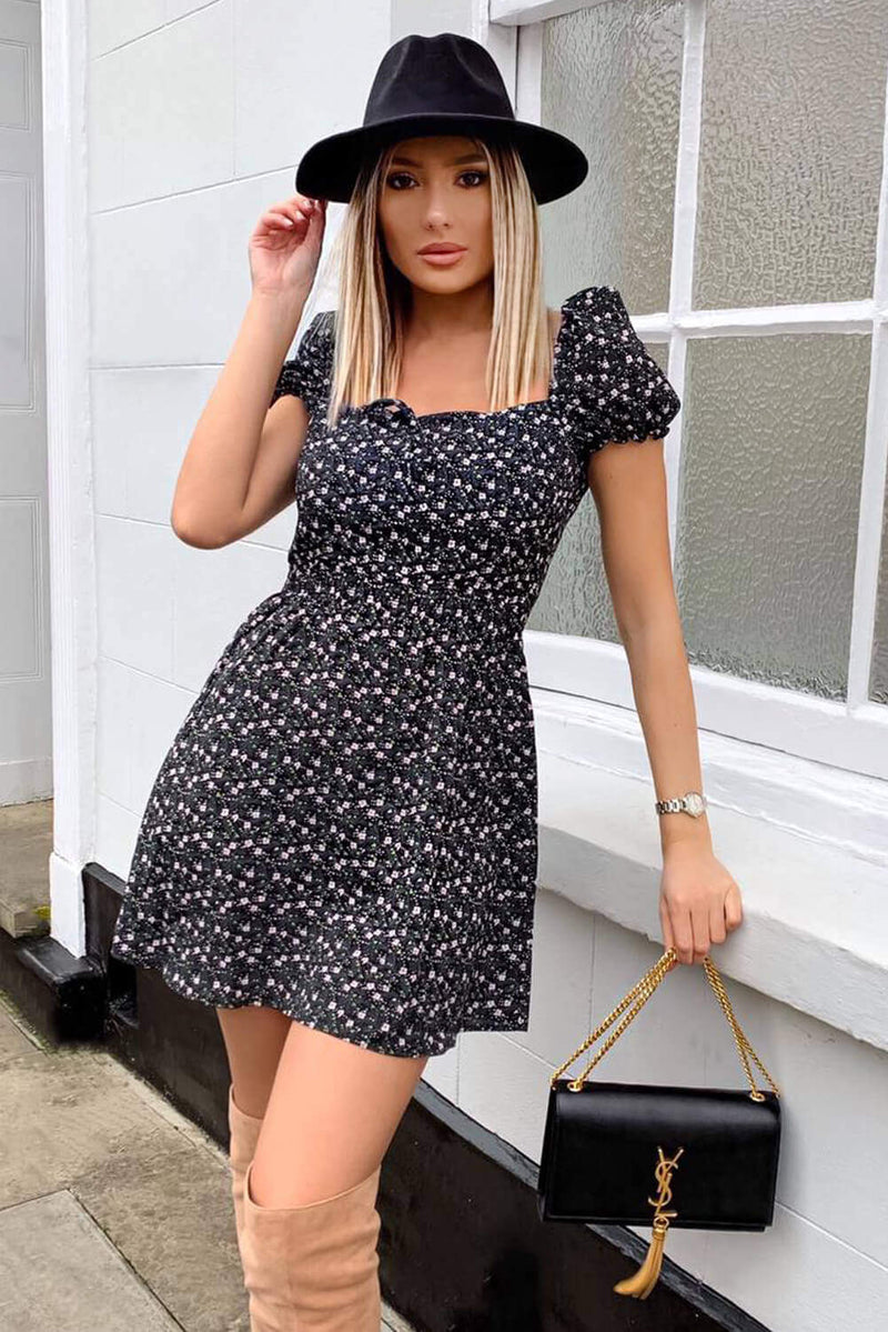 black ditsy print dress