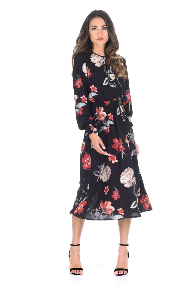 Black Floral Long Sleeve Elastic Waist Midi Dress Ax Paris 4384