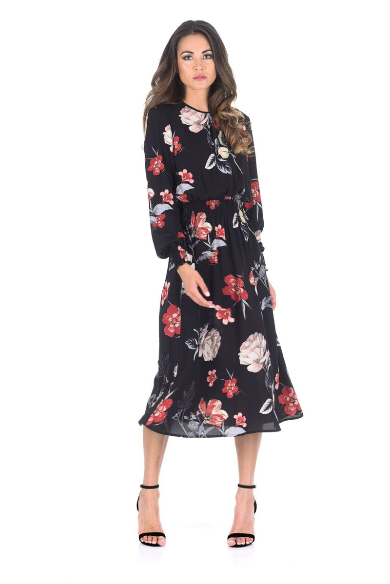 Black Floral Long Sleeve Elastic Waist Midi Dress – AX Paris