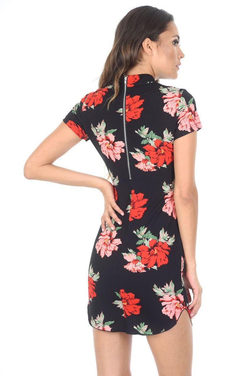 black floral high neck dress