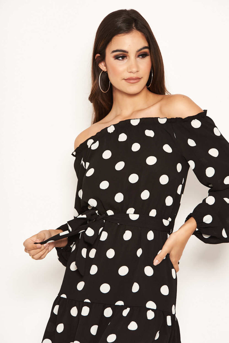 black and white polka dot bardot dress