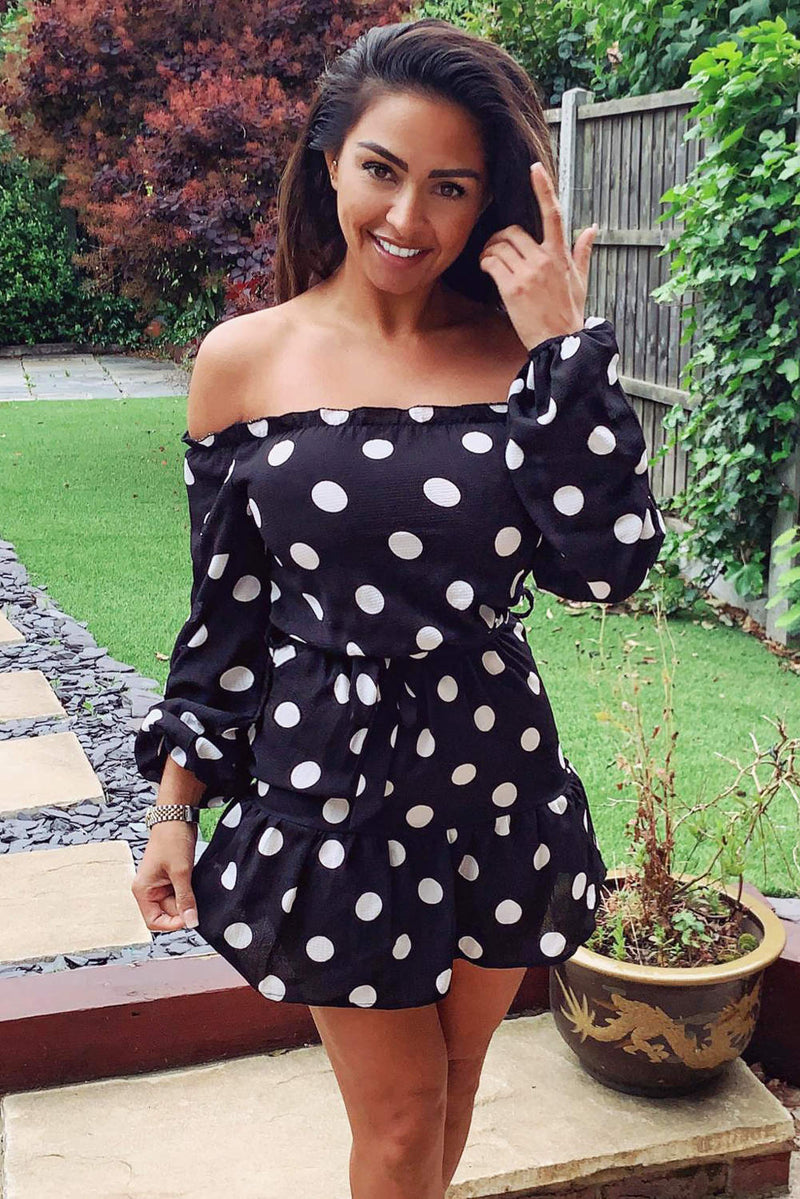 black and white polka dot bardot dress