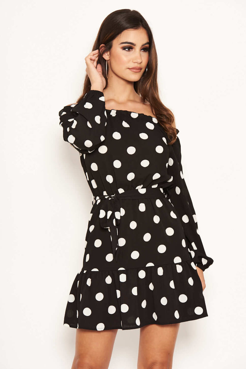 black and white polka dot bardot dress