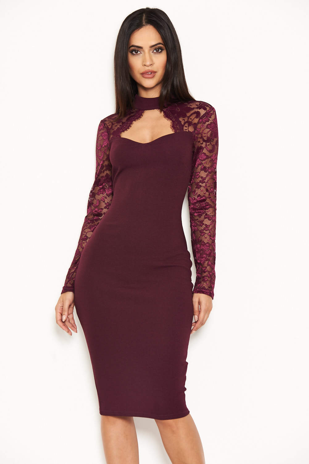 Plum Choker Neck Lace Sleeve Midi Dress – AX Paris