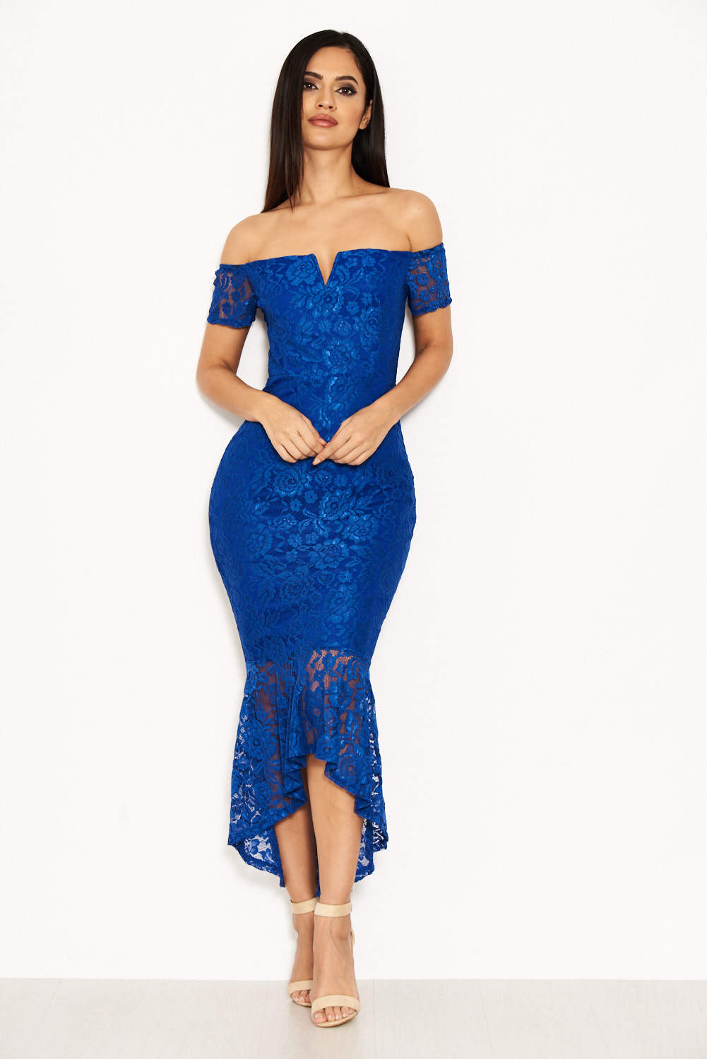 blue lace fishtail maxi dress