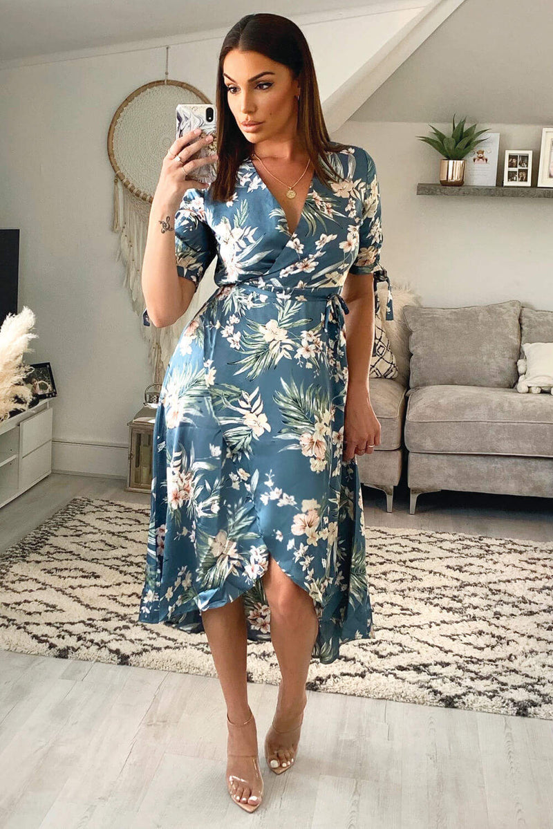 Duck Egg Floral Tie Sleeve Wrap Dress – AX Paris