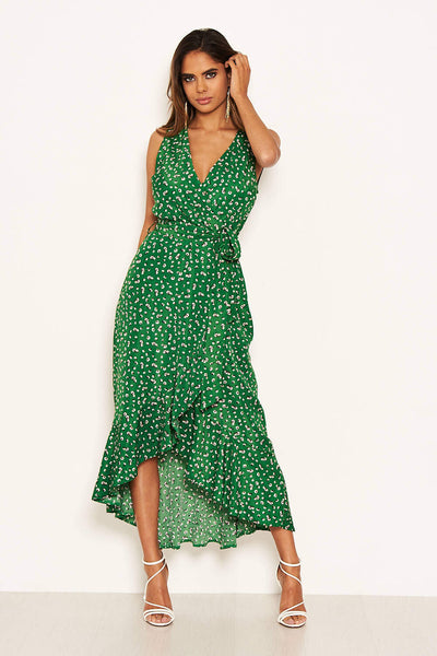 Green Printed Wrap Over Frill Midi Dress – AX Paris