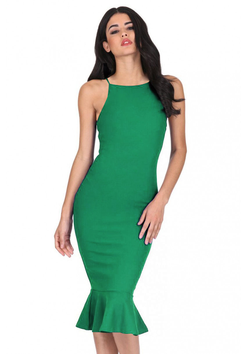 emerald green strappy thick lace frill hem midi dress