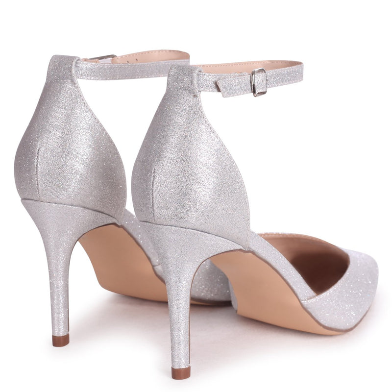 silver court shoes with ankle strap