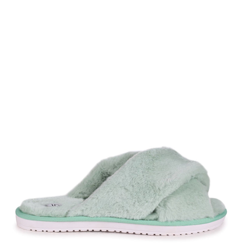 green fluffy slippers