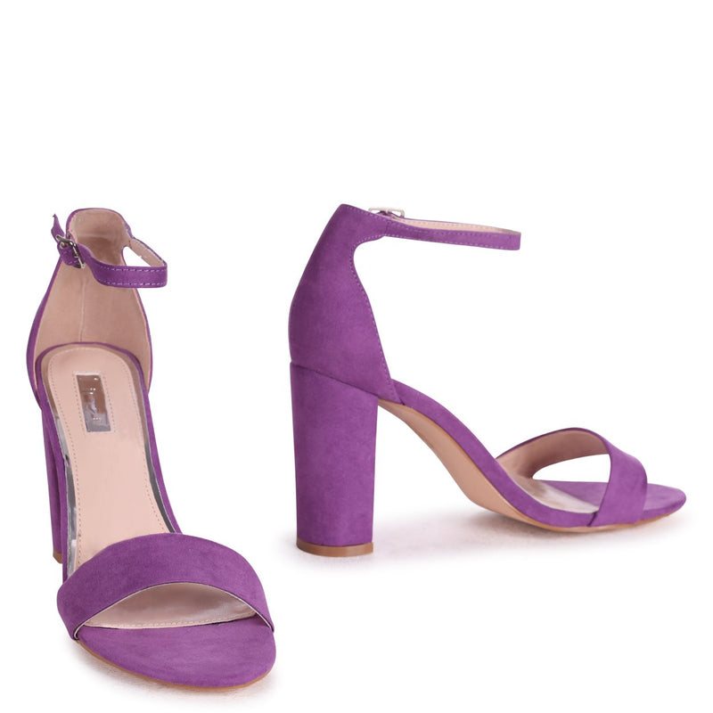 purple suede block heels