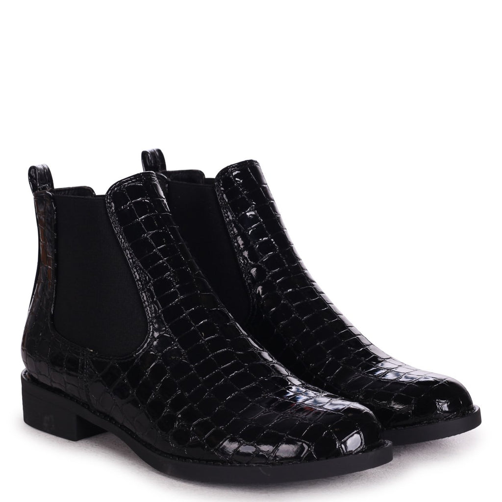 black patent croc chelsea boots