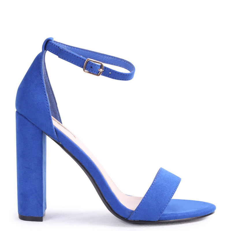 blue suede open toe heels