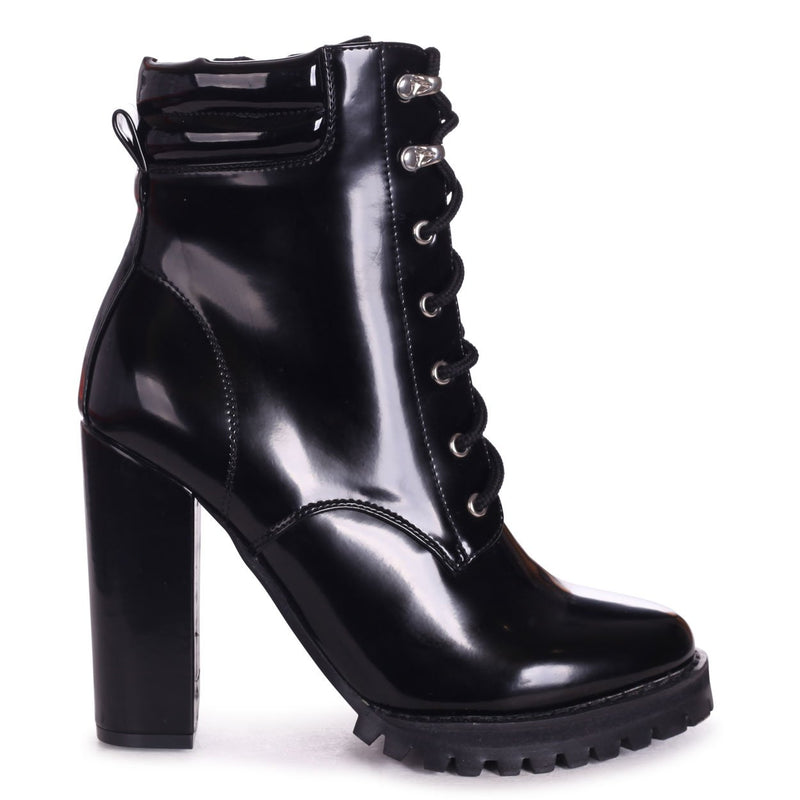 black shiny heeled boots