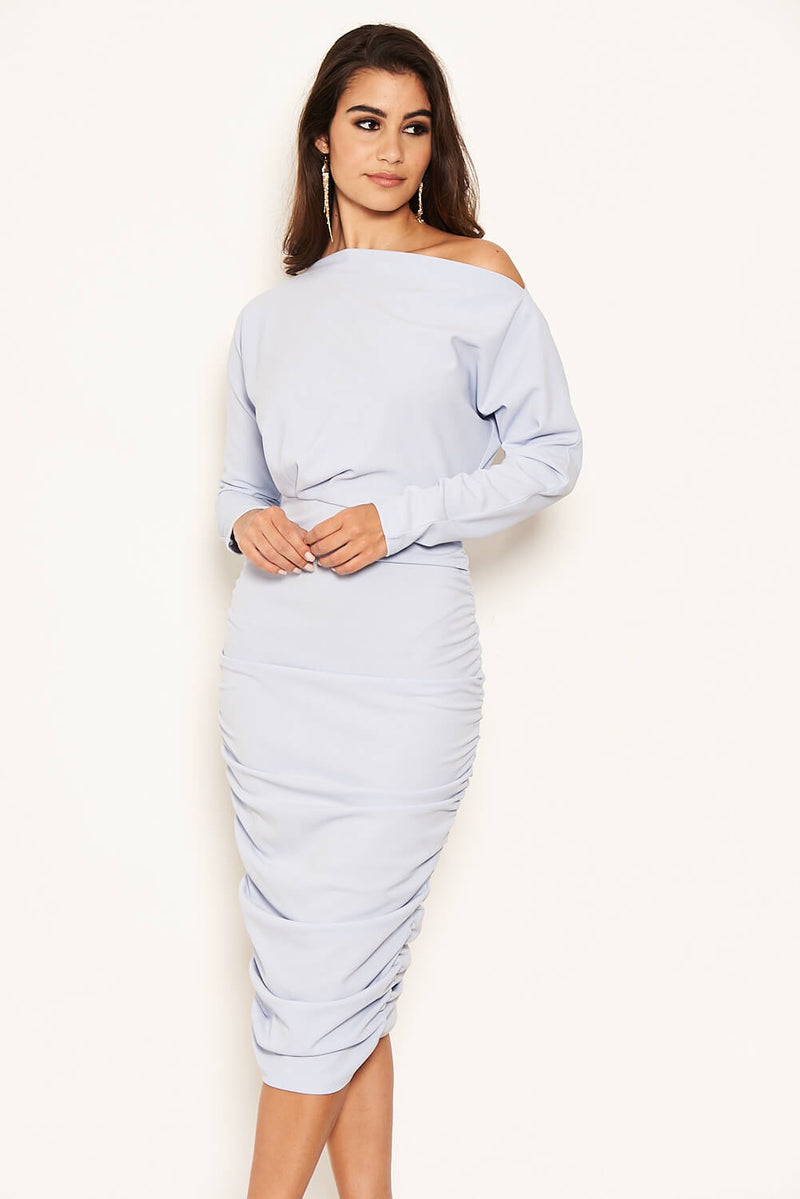 Ice Blue Off Shoulder Ruched Dress – AX Paris