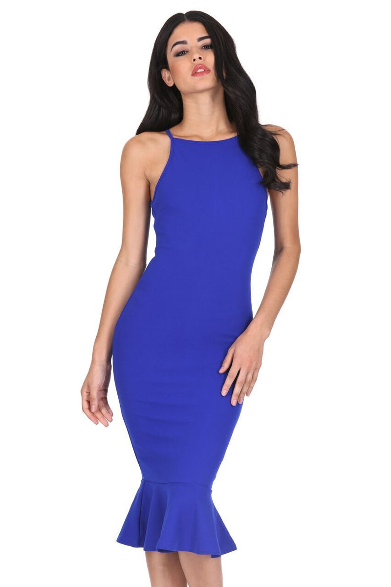 Blue Bodycon Midi Dress With Frill Hem – AX Paris