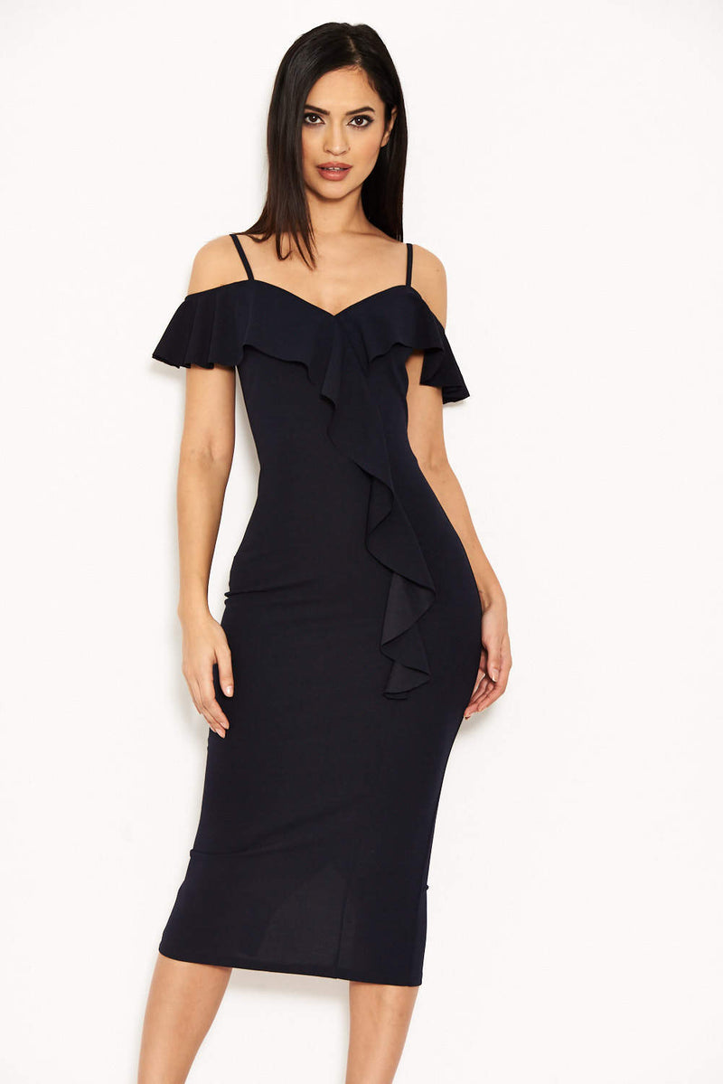 navy frill cold shoulder midi dress