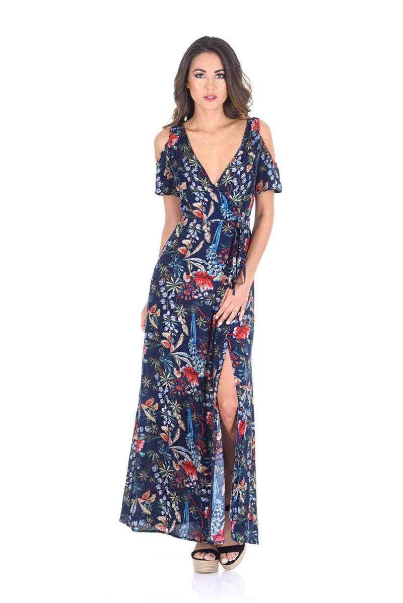 Navy Floral Cold Shoulder Printed Maxi Dress – AX Paris