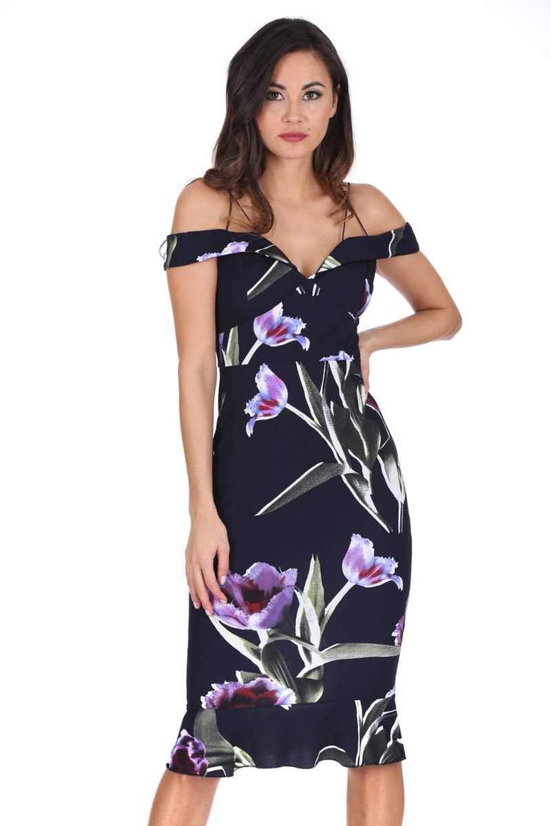 Navy Floral Off The Shoulder Midi Fishtail Dress – AX Paris