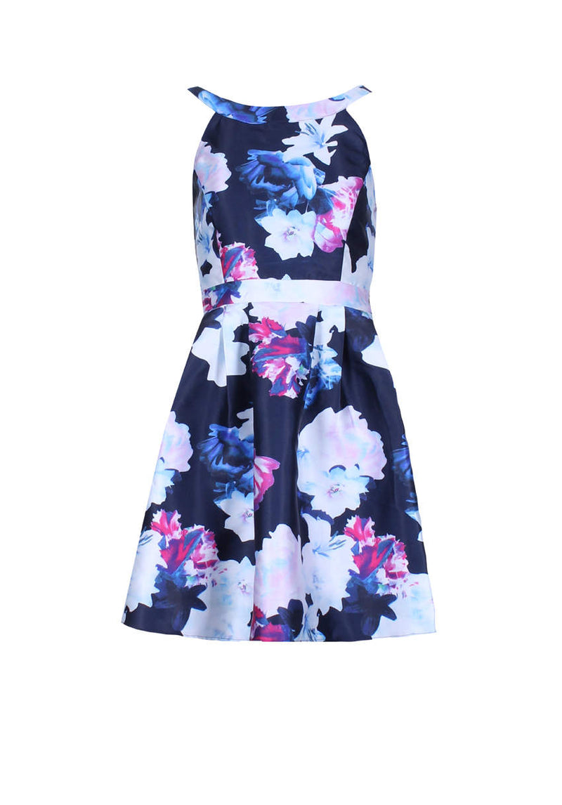 Navy Floral Printed Skater Dress With Elasticated Back – AX Paris