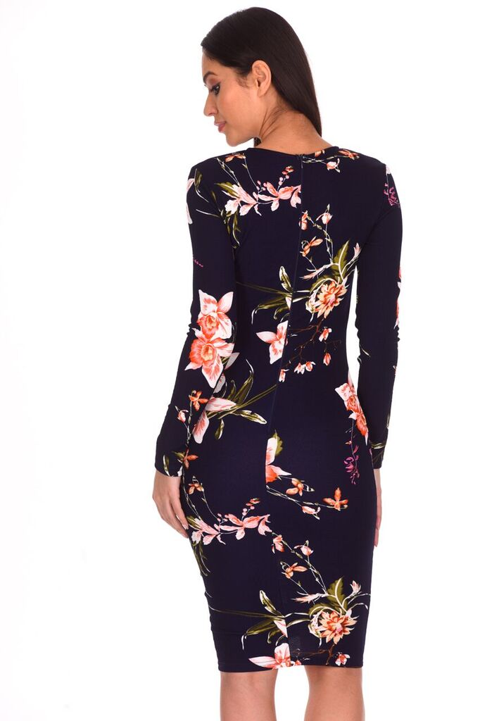 Navy Floral Sleeved Midi Dress – AX Paris