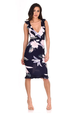 Navy Floral V Neck Frill Detail Dress – AX Paris