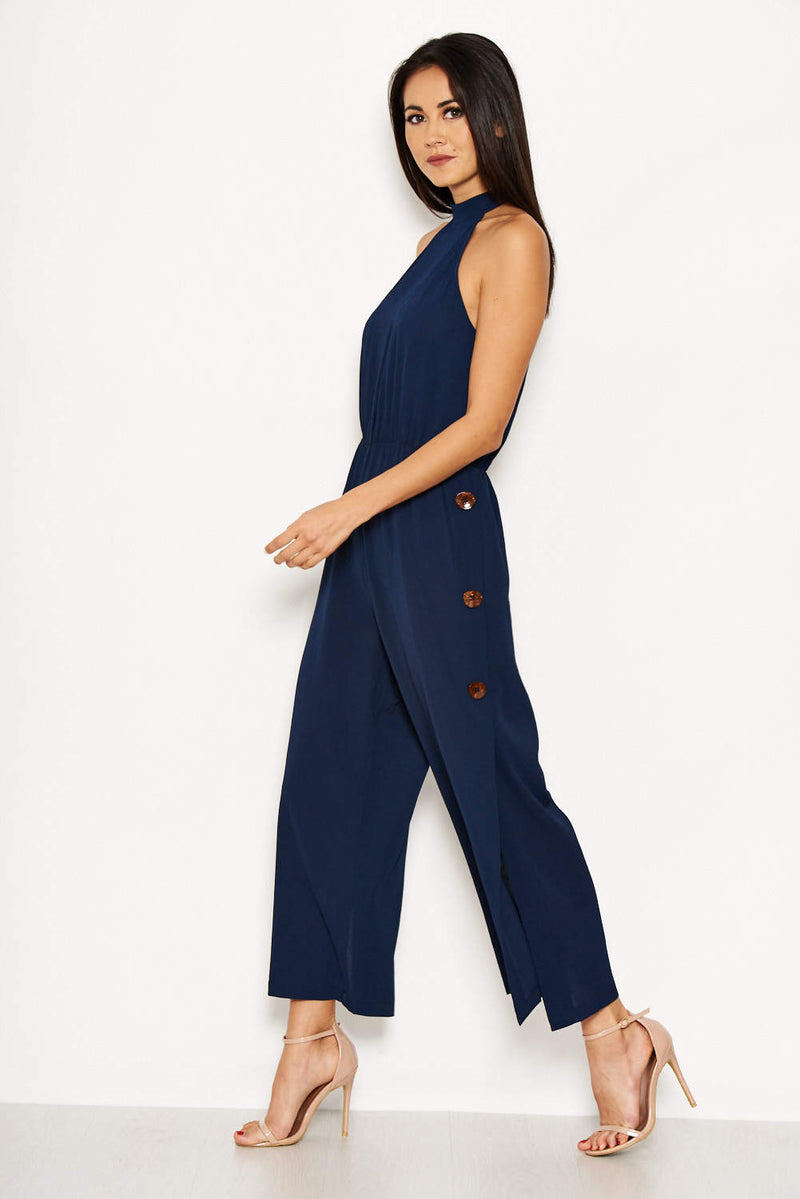 high neck navy jumpsuit