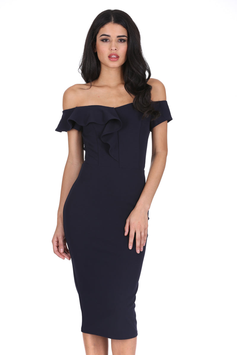 navy frill cold shoulder midi dress