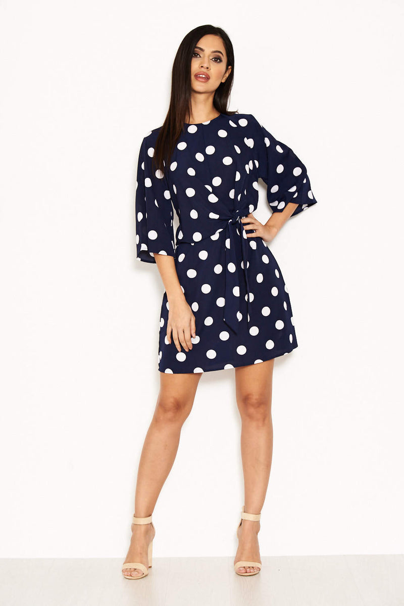 Navy Polka Dot Wrap Mini Dress With Tie Front – AX Paris