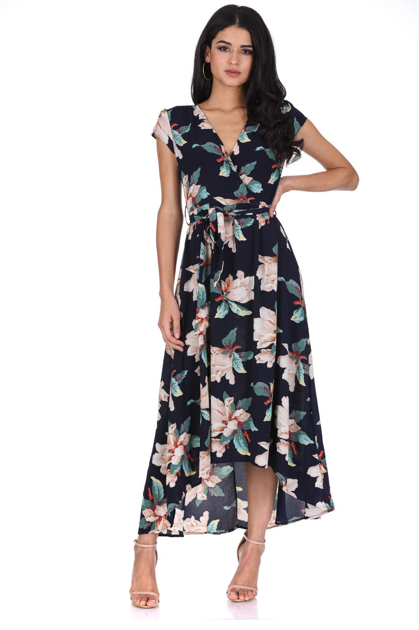 Navy Print Wrap V Neck Dress – AX Paris