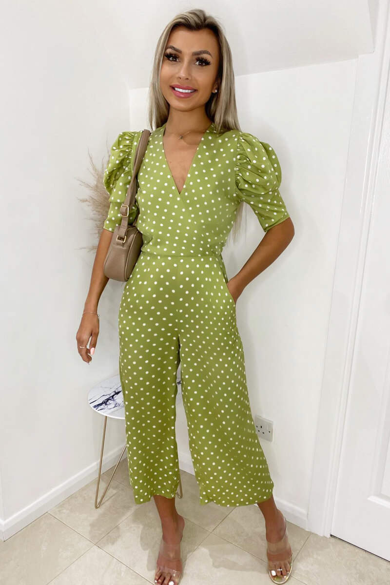 polka dot puff sleeve jumpsuit