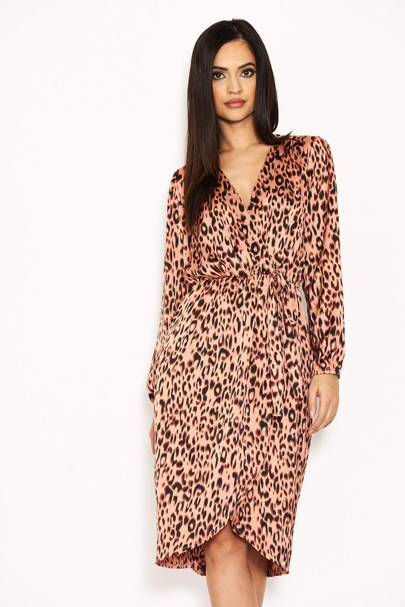 cream black and pink leopard print frill wrap dress