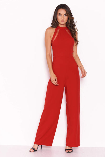 Red Sheer Paneled Jumpsuit With Cut Out Detailing – AX Paris